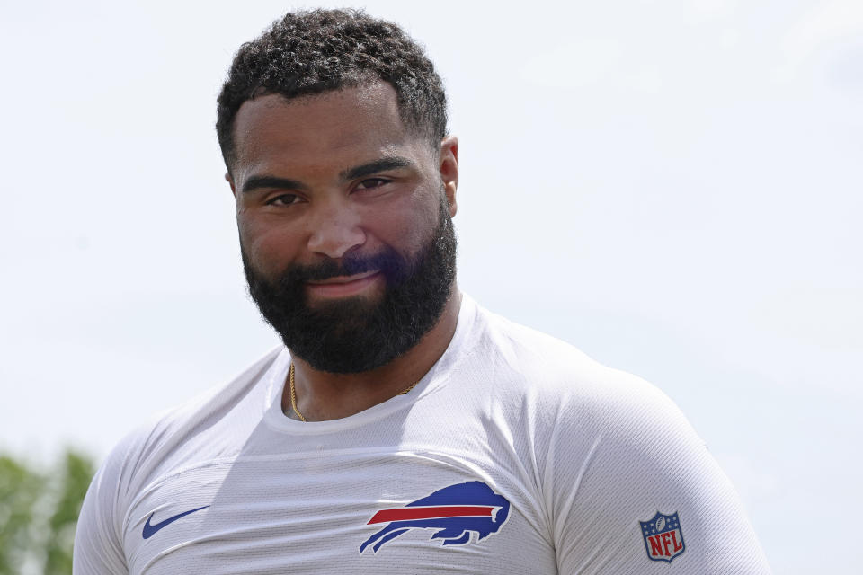Buffalo Bills defensive tackle Gable Steveson (61) walks off the field following NFL football practice in Orchard Park, N.Y., Tuesday, June 4, 2024. (AP Photo/Jeffrey T. Barnes)