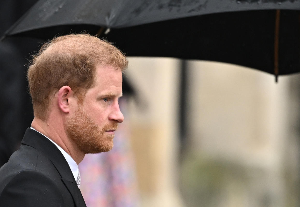 Britain's Prince Harry walks outside Westminster Abbey following Britain's King Charles' coronation ceremony, in London, Britain May 6, 2023. REUTERS/Dylan Martinez