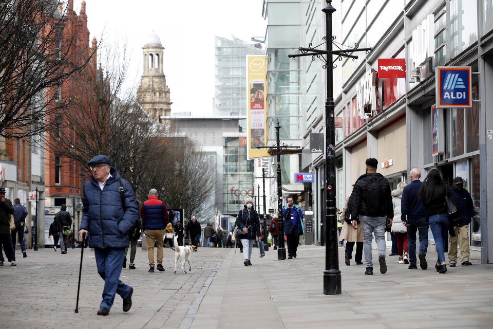 A general view of Market Street in Manchester as NHS England announced that the coronavirus death toll had reached 104 in the UK.