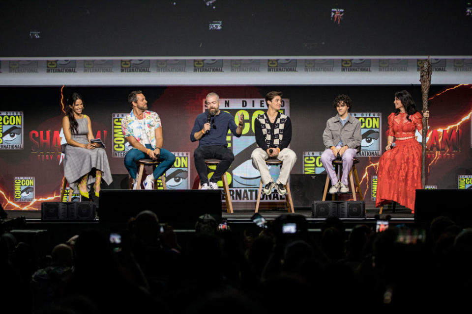 Tiffany Smith, Zachary Levi, David F. Sandberg, Asher Angel, Jack Dylan Grazer, and Lucy Liu speak onstage at the Warner Bros. theatrical panel