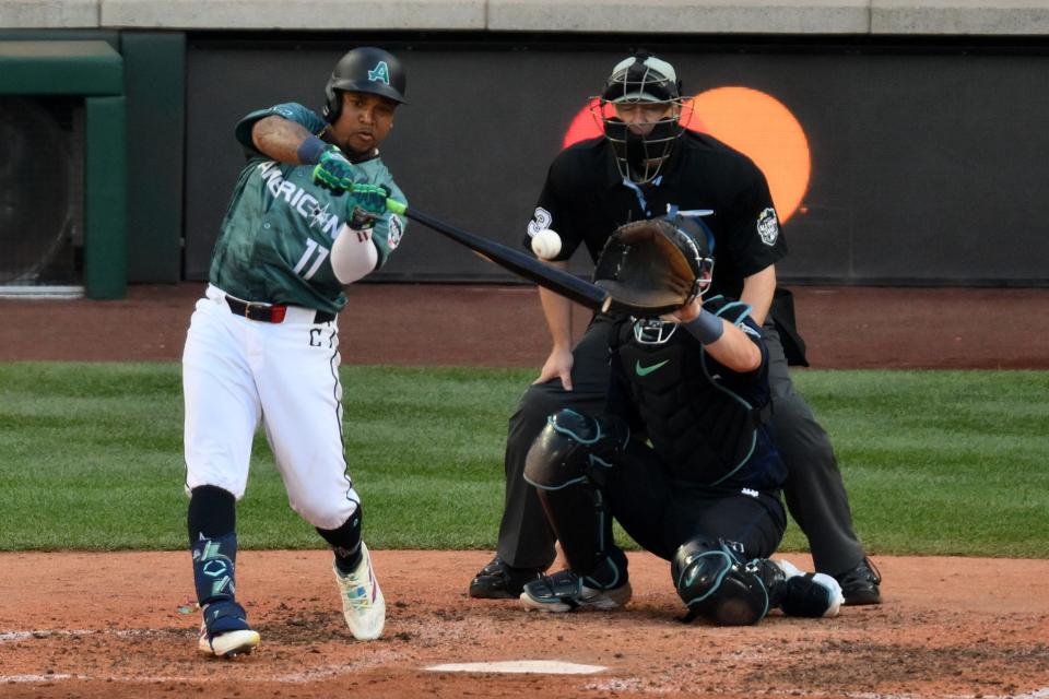 Guardians third baseman Jose Ramirez hits a seventh-inning double in last year's All-Star Game in Seattle.