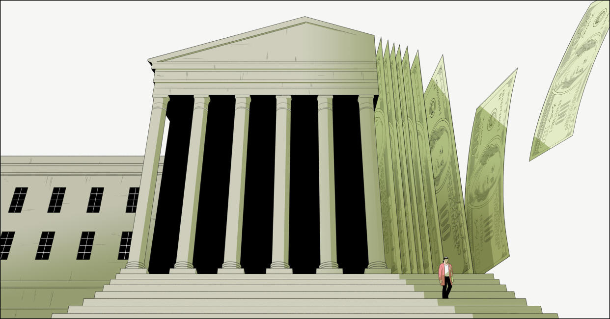 A person walks down the steps of a looming courthouse, while hundred dollar bills that are the same size and scale as the courthouse columns fly off to the right.   
