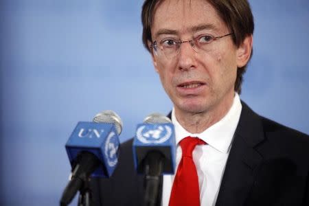 German Ambassador to the United Nations Peter Wittig speaks to the media after a U.N. Security Council meeting in New York February 4, 2012. REUTERS/Allison Joyce