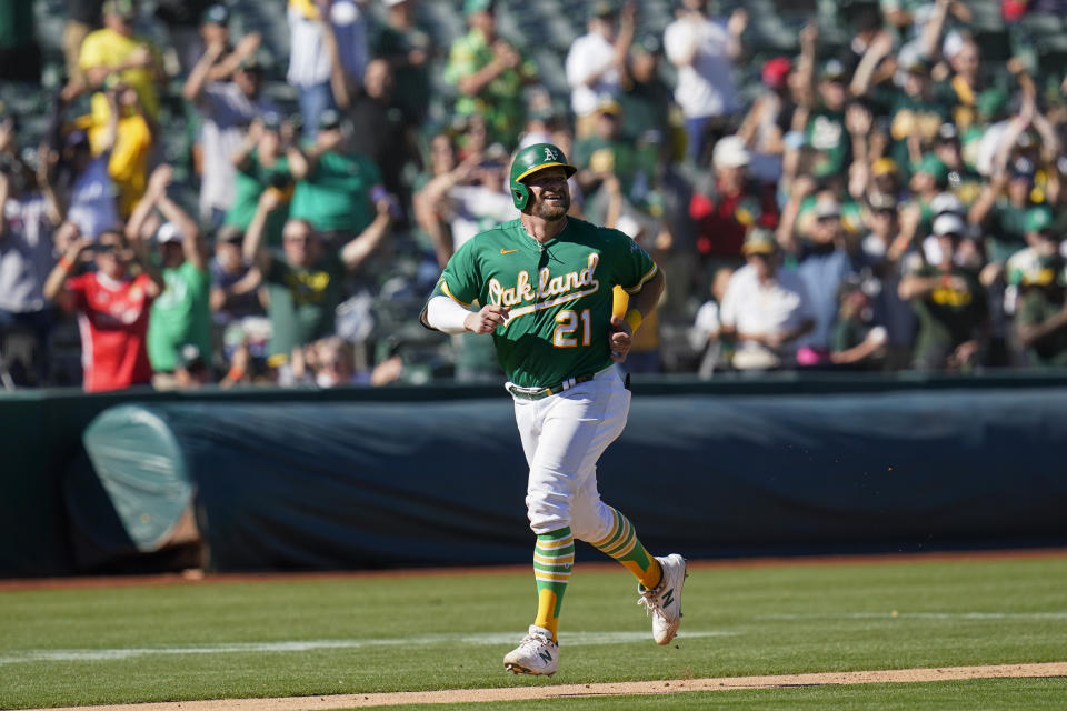 FILE - Oakland Athletics' Stephen Vogt runs the bases after hitting a solo home run against the Los Angeles Angels during the seventh inning of a baseball game in Oakland, Calif., Wednesday, Oct. 5, 2022. The Cleveland Guardians have hired Stephen Vogt, a journeyman catcher with no managerial experience, as their new manager to replace Terry Francona, the team announced Monday, Nov. 6, 2023. Vogt was Seattle’s bullpen coach last season. (AP Photo/Godofredo A. Vásquez, File)