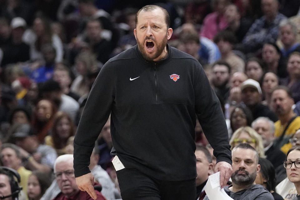 New York Knicks head coach Tom Thibodeau shouts in the second half of an NBA basketball game against the Cleveland Cavaliers, Sunday, March 3, 2024, in Cleveland. (AP Photo/Sue Ogrocki)