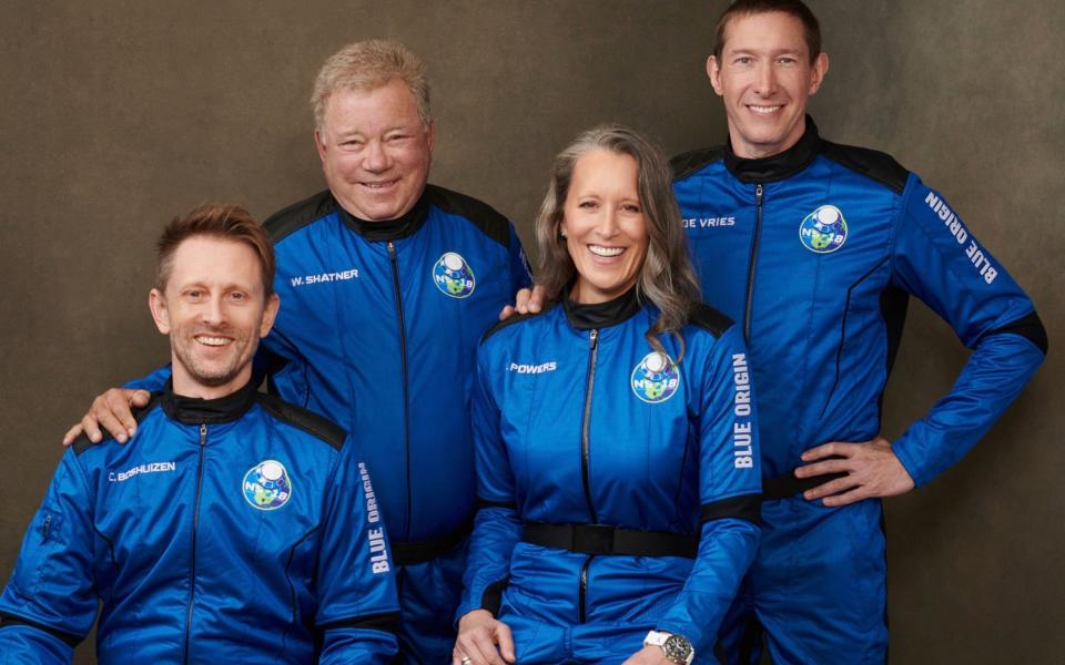 Shatner, second from left, with his crew who will launch from the Texas desert - BLUE ORIGIN