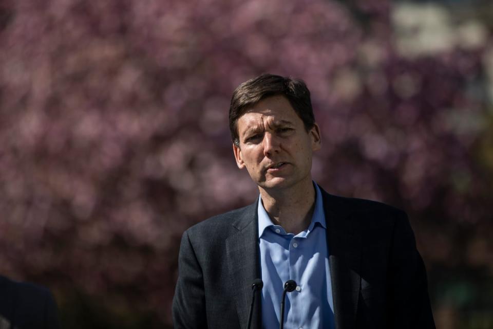 Premier David Eby is pictured during a news conference regarding short term rental restrictions in Langley City, B.C on Thursday April 18, 2024. 