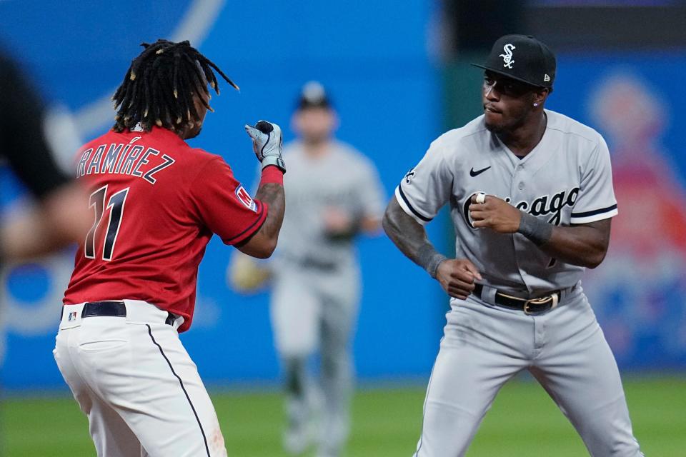 Jose Ramírez and Tim Anderson square off during the sixth inning Saturday.