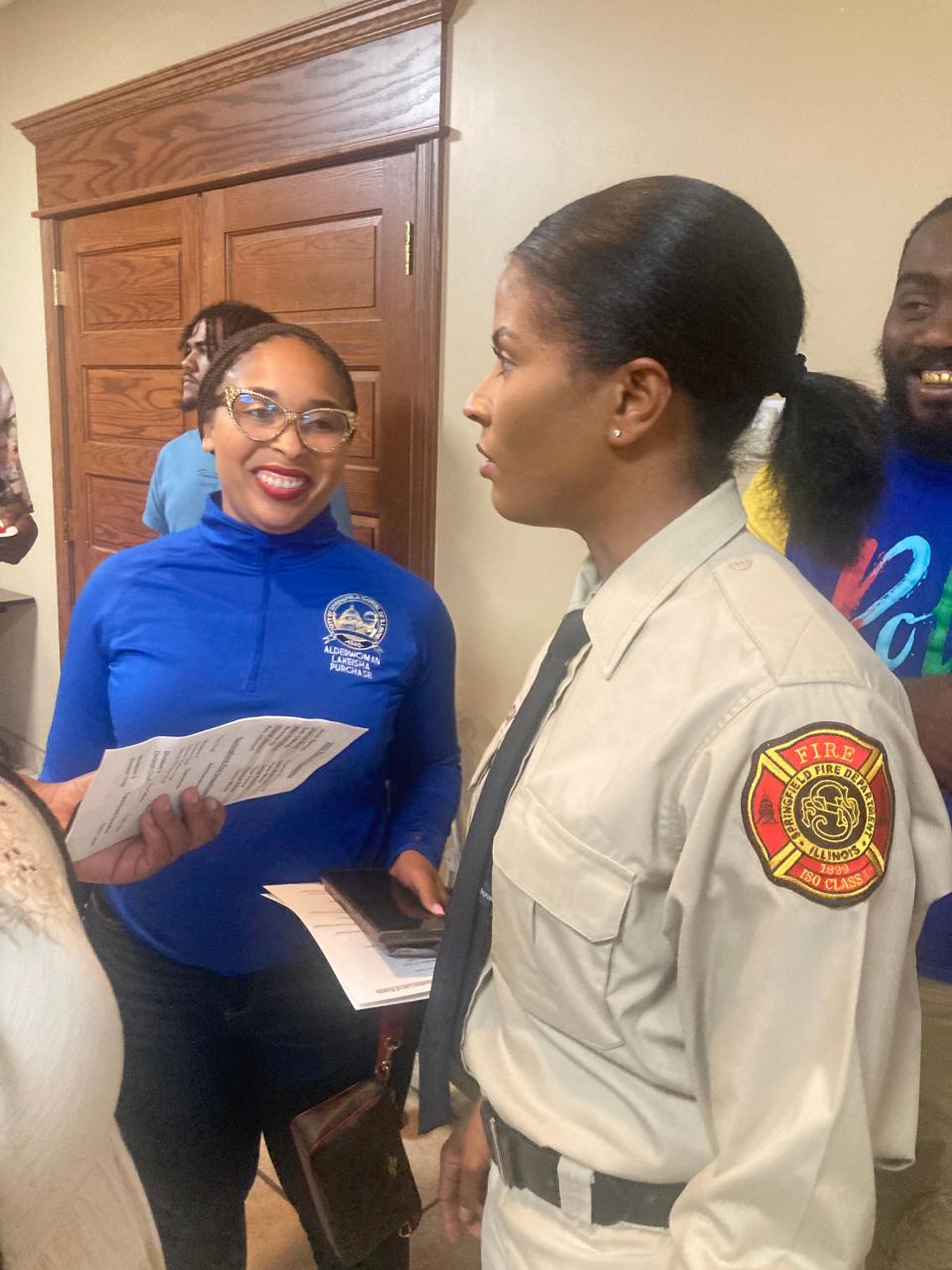 Ward 5 Ald. Lakeisha Purchase, left, at the swearing-in of Springfield Fire Academy recruits at the Firefighters Lake Club on Sept. 21, 2023.