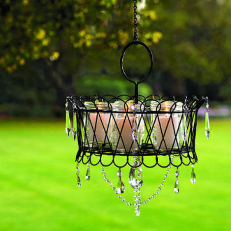 Wire basket and mason jars become outdoor chandelier