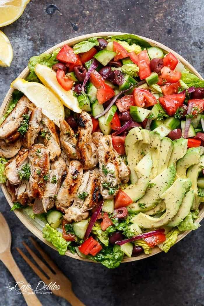 <strong>Get the <a href="https://cafedelites.com/grilled-lemon-herb-mediterranean-chicken-salad-recipe/" target="_blank" rel="noopener noreferrer">Grilled Lemon Herb Mediterranean Chicken Salad</a> recipe from Cafe Delites.</strong>