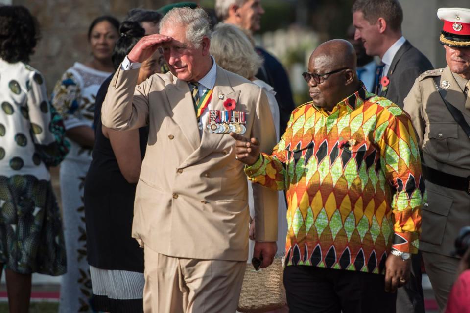 <p>Prince Charles and President Nana Addo Dankwa Akufo-Addo arrive at the Osu military cemetery in Accra. His brother, the Earl of Wessex who is also in Ghana, joined him to lay a wreath commemorating the Commonwealth lives lost in both world wars. </p>