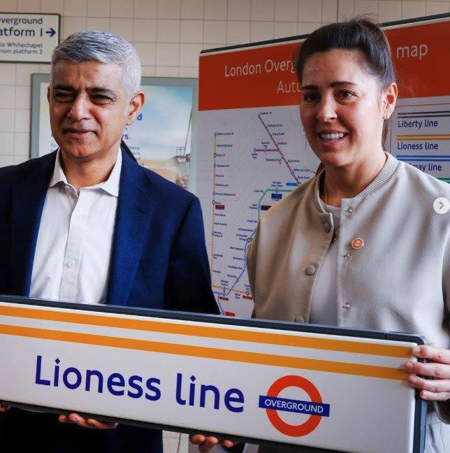 Sadiq Khan and Fara Williams hold a new Lionesses line sign