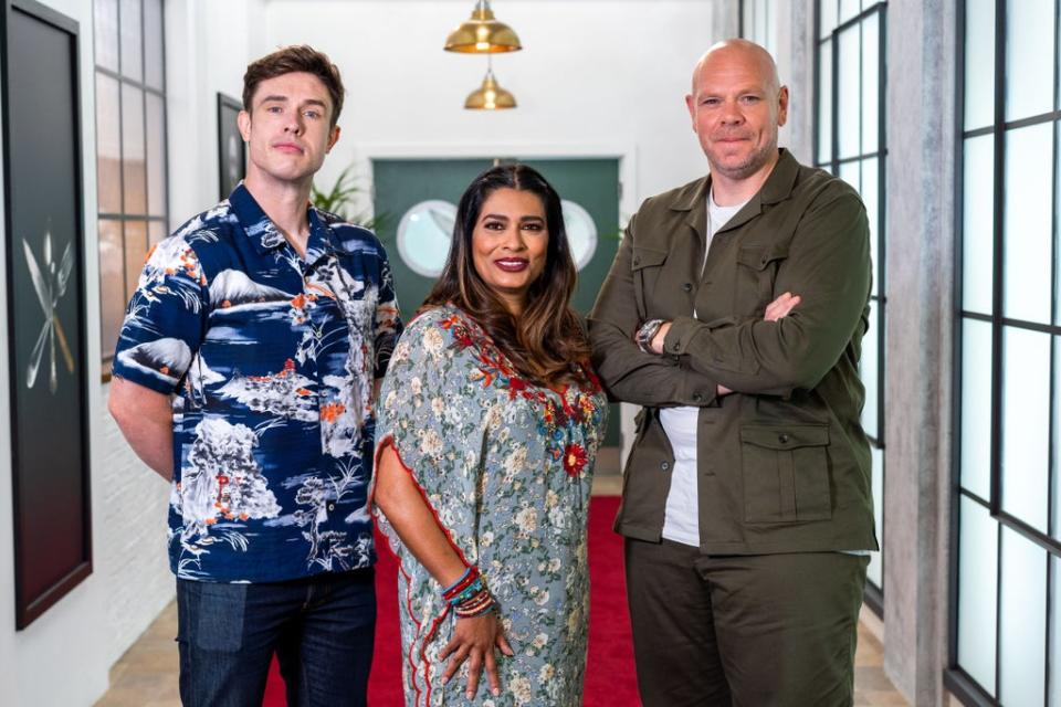 Gamble with his fellow Great British Menu judges Nisha Katona and Tom Kerridge (BBC/Optomen Television Ltd/Ashleigh Brown)