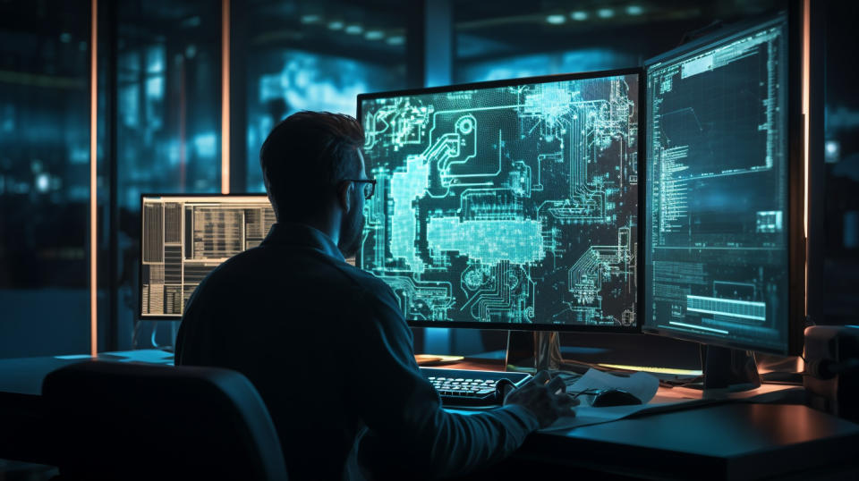 An engineer typing on a computer, developing the latest cybersecurity application.