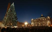 The Vatican Christmas tree is lit up after a ceremony in Saint Peter's Square at the Vatican December 13, 2013. REUTERS/Tony Gentile (VATICAN - Tags: RELIGION SOCIETY)