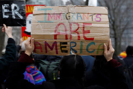 Activists and DACA recipients march up Broadway during the start of their 'Walk to Stay Home,' a five-day 250-mile walk from New York to Washington D.C., to demand that Congress pass a Clean Dream Act, in Manhattan, New York, U.S., February 15, 2018. REUTERS/Shannon Stapleton