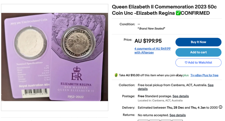 eBay listing for Queen Elizabeth II coin for $199.95 each.
