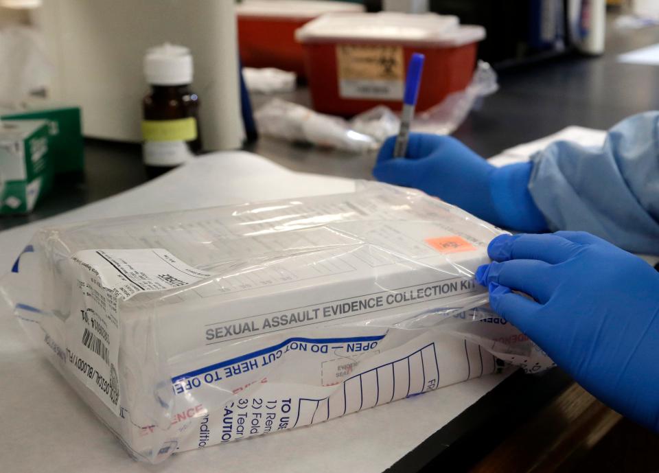 A sexual assault evidence kit is logged in the biology lab at the Houston Forensic Science Center in Houston.
