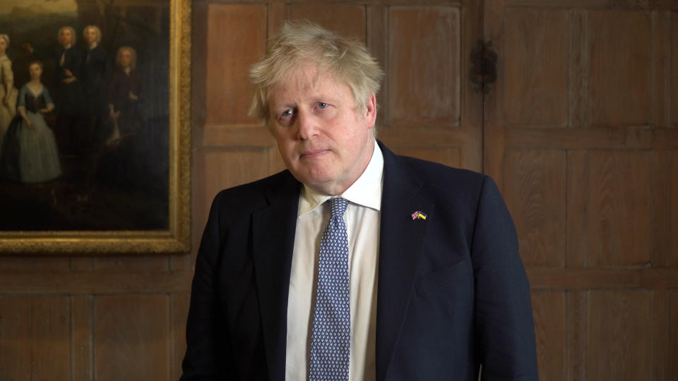 Screengrab taken from PA Video of Prime Minister Boris Johnson delivering a statement at his country residence Chequers, in Buckinghamshire, following the announcement that he and Chancellor Rishi Sunak will be fined as part of a police probe into allegations of lockdown parties held at Downing Street. Picture date: Tuesday April 12, 2022.