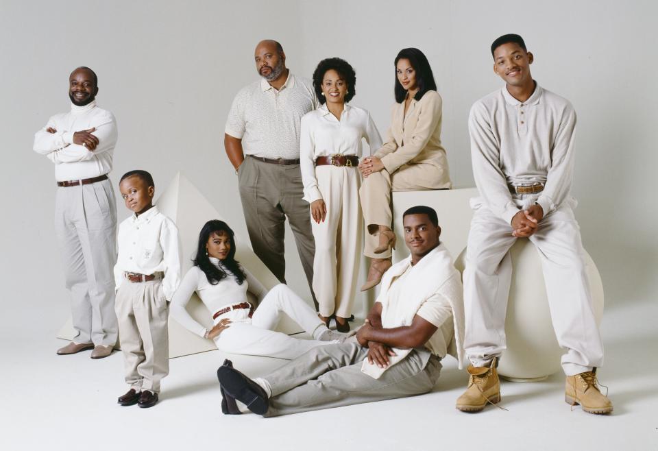 THE FRESH PRINCE OF BEL-AIR -- Season 5 -- Pictured: (l-r) Back: Joseph Marcell as Geoffrey, James Avery as Philip Banks, Daphne Reid as Vivian Banks, Karyn Parsons as Hilary Banks, Will Smith as William 'Will' Smith; Front: Ross Bagley as Nicky Banks, Tatyana Ali as Ashley Banks, Alfonso Ribeiro as Carlton Banks -- Photo by: Gary Null/NBCU Photo Bank
