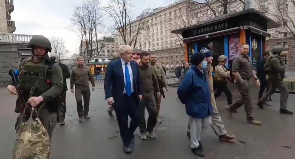 UK Prime Minister Boris Johnson visited Ukraine's capital and walked with President Volodymyr Zelensky. Source: Twitter/@Ukraine