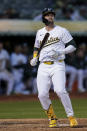 Oakland Athletics' Seth Brown reacts after striking out against the St. Louis Cardinals to end the fourth inning of a baseball game Monday, April 15, 2024, in Oakland, Calif. (AP Photo/Godofredo A. Vásquez)