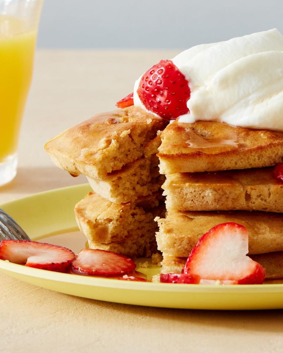 <p>Don't feel like flipping pancakes? These gluten-free oat <a href="https://www.delish.com/cooking/g1684/best-pancakes/" rel="nofollow noopener" target="_blank" data-ylk="slk:pancakes;elm:context_link;itc:0;sec:content-canvas" class="link ">pancakes</a> are just the thing. Don't have oat flour? No worries—simply process whole oats in a blender or food processor until finely ground.</p><p>Get the <strong><a href="https://www.delish.com/cooking/recipe-ideas/a39666143/air-fryer-pancakes-recipe/" rel="nofollow noopener" target="_blank" data-ylk="slk:Air Fryer Oat Pancakes recipe;elm:context_link;itc:0;sec:content-canvas" class="link ">Air Fryer Oat Pancakes recipe</a></strong>.</p>