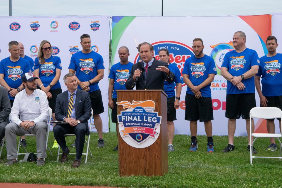 Peter Cancro giving a speech at the Law Enforcement Torch Run at the Donald T. Fioretti Field in Point Pleasant Beach, NJ on Tuesday.