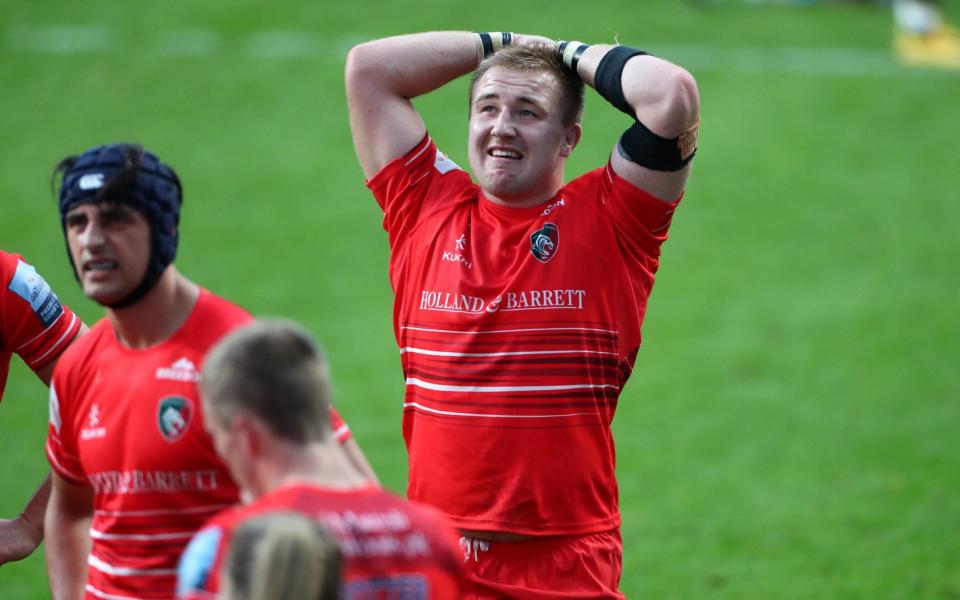 Leicester Tigers Joe Heyes reacts during the Gallagher Premiership match at the Ricoh Arena, Coventry. PA Photo. Picture date: Wednesday September 9, 2020.  - PA