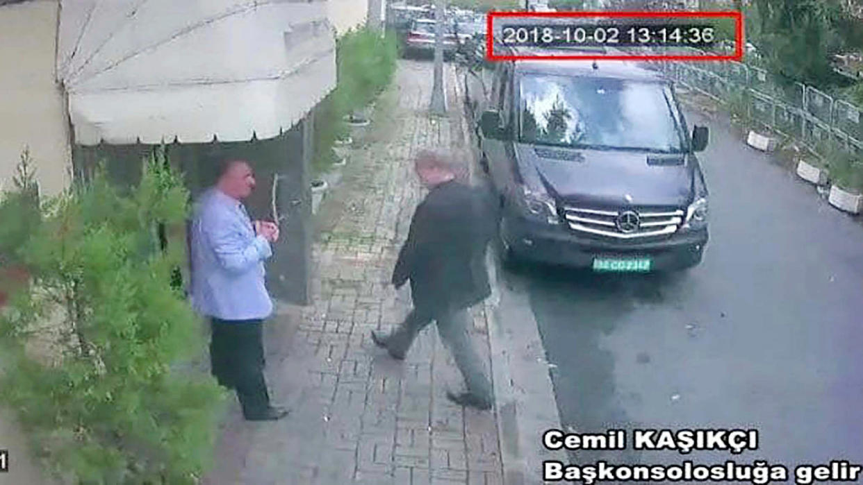 Saudi journalist Jamal Khashoggi enters the Saudi consulate in Istanbul on Oct. 2, 2018.  (CCTV/Hurriyet via AP)