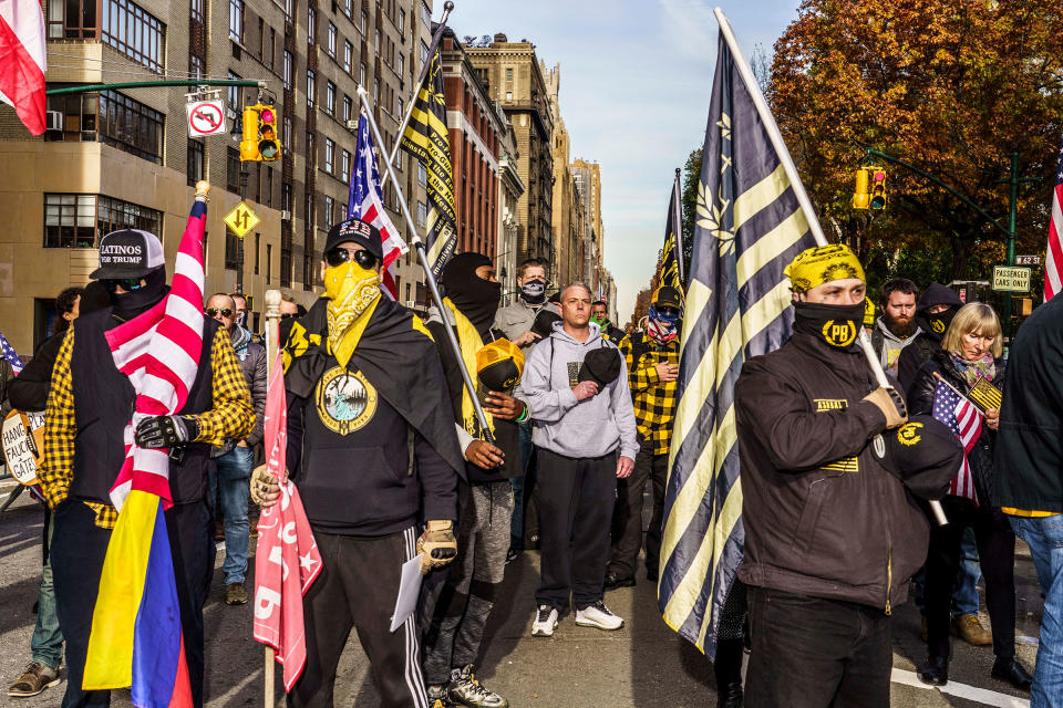 Protestors, including members of the Proud Boys, rally against COVID-19 vaccinations and mandates in New York City, on Nov. 20, 2021.<span class="copyright">Mark Peterson—Redux</span>