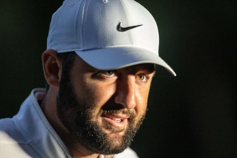 Scottie Scheffler speaks to the media on No. 16 during the final round of the RBC Heritage Presented by Boeing at Harbour Town Golf Links on Sunday, April 21, 2024, in Sea Pines on Hilton Head Island.