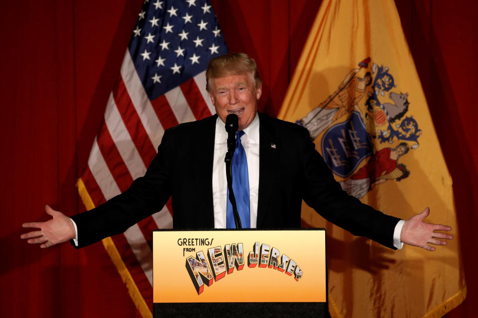 Republican presidential candidate Donald speaks at a fundraising event where he appeared with New Jersey Governor Chris Christie in Lawrenceville, New Jersey, May 19, 2016.