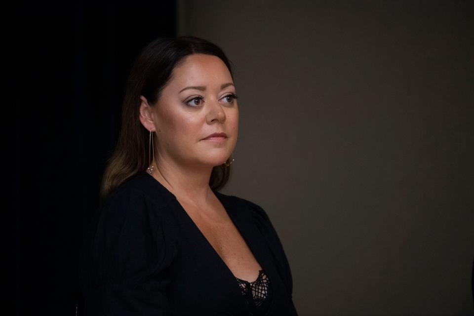 Songwriter, Hillary Lindsey, listens during the Nashville Songwriters Hall of Fame Foundation press conference where the inductees for the  Nashville Songwriters Hall of Fame were announced at a private gathering on Music Row in Nashville , Tenn., Tuesday, Aug. 2, 2022.