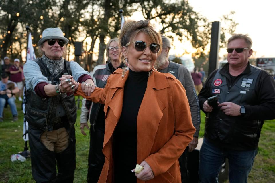 Sarah Palin, former governor of Alaska and 2008 Republican vice presidential nominee, takes the stage Thursday at the Take Our Border Back convoy rally at One Shot Distillery and Brewery in Dripping Springs.
