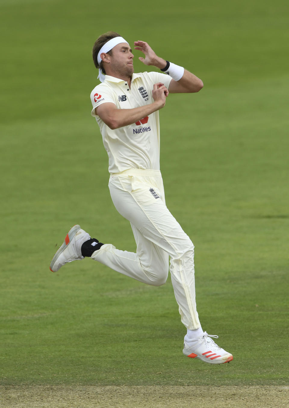 England's Stuart Broad bowls during day three of a Warm Up match at the Ageas Bowl in Southampton, England, Friday July 3, 2020. England are scheduled to play West Indies in their first Test on July 8-12. (Stu Forster/Agency Pool via AP)