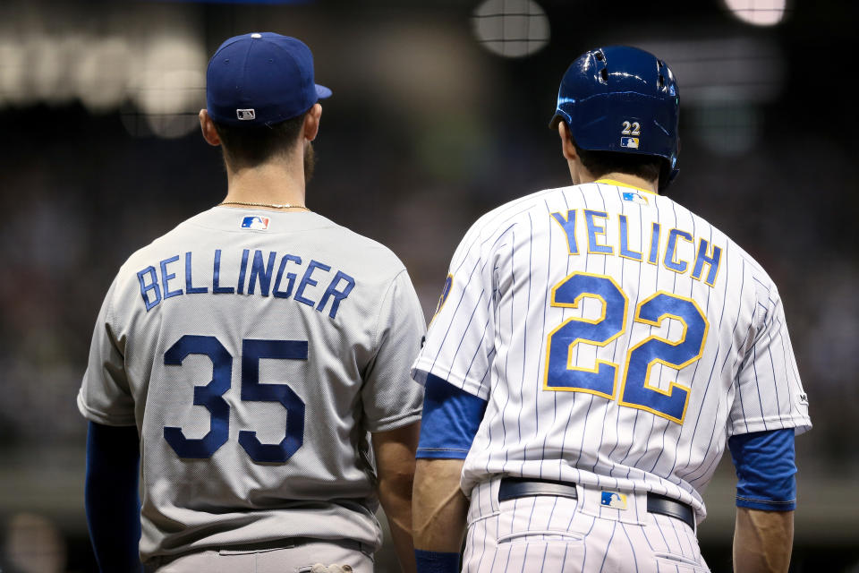 國聯前後任年度MVP得主，密爾瓦基釀酒人Christian Yelich（圖右）與洛杉磯道奇Cody Bellinger。（Photo by Dylan Buell/Getty Images）