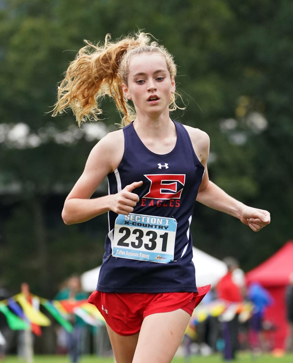 Eastchester's Ava Pennachio wins the Girls Varsity A 3-mile run at the Suffern Invitational at Bear Mountain State Park in Tomkins Cove on Saturday, September 23, 2023.