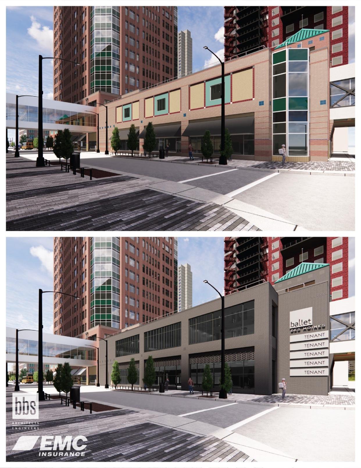 A rendering shows the what the facade of the section of the downtown Des Moines Kaleidoscope building owned by EMC Insurance will look like after its is renovated as the new home of Ballet Des Moines.