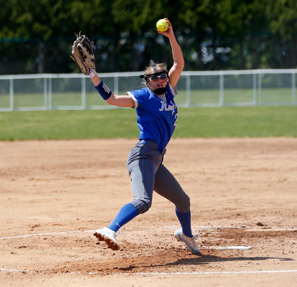 Mishawaka Marian senior Kaitlin Pratt throws a pitch during a game against Edwardsburg in the Clay softball cancer classic Saturday, May 11, 2024, at the Byers Softball Complex in South Bend.