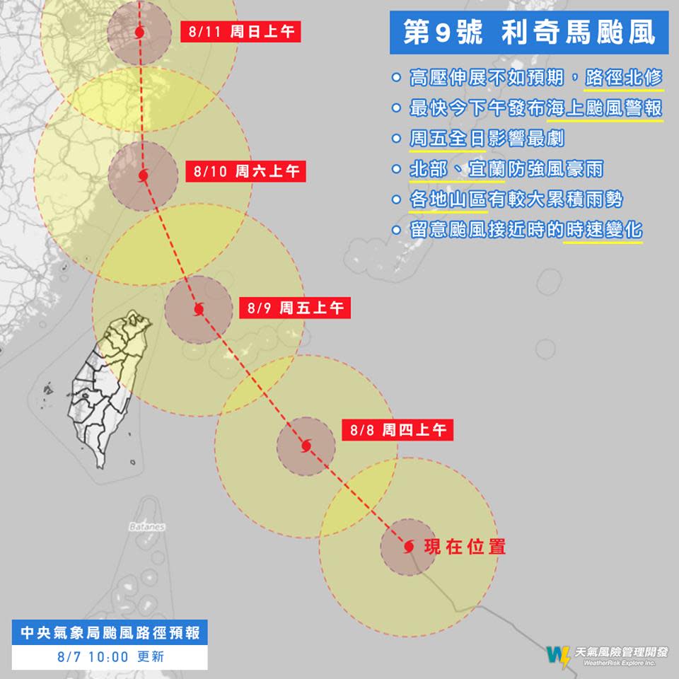 第9號颱風利奇馬路徑預報。（取自天氣風險管理開發）