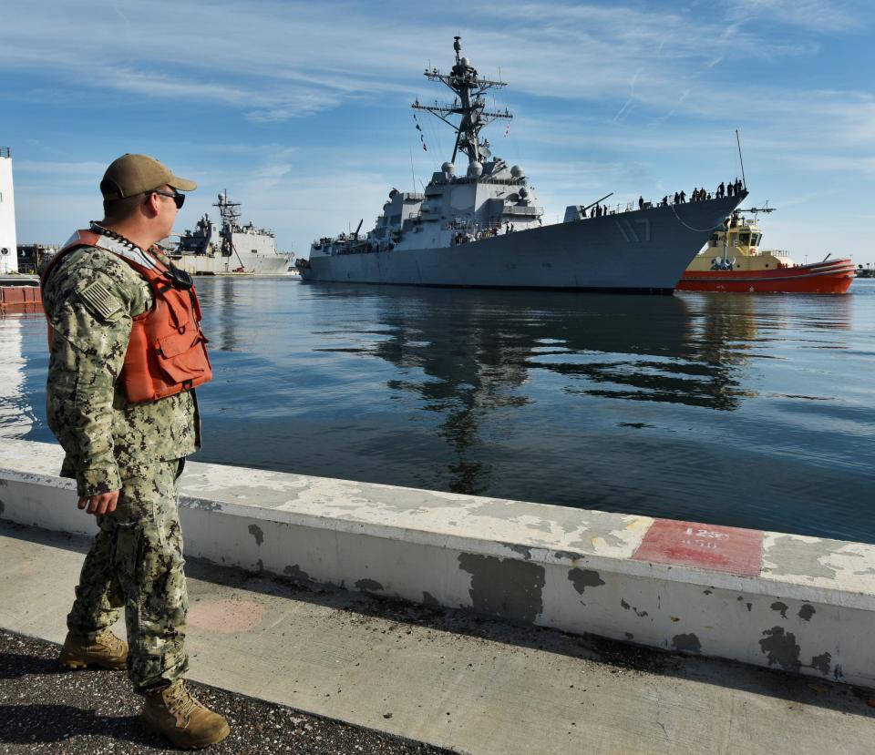 The Arliegh Burke-class guided-missile destroyer USS Paul Ignatius (DDG 117) arrives at Naval Station Mayport in this 2019 file photo.