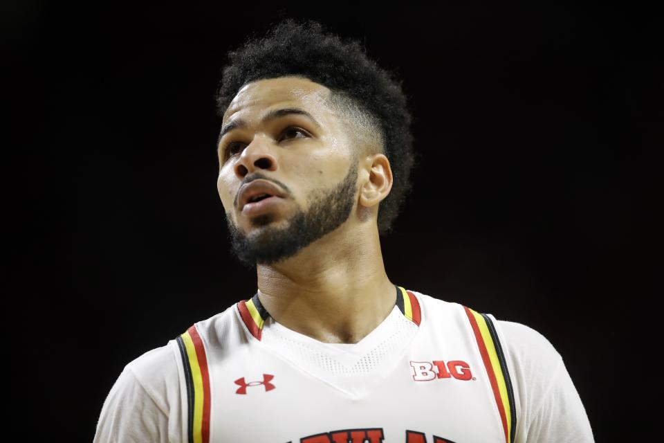 FILE - In this Wednesday, Feb. 22, 2017, file photo, Maryland guard Jaylen Brantley walks on the court in the second half of an NCAA college basketball game against Minnesota, in College Park, Md. A federal judge has dismissed a lawsuit in which two former University of Maryland men’s basketball players accused makers of the “Fortnite” video game of misappropriating a dance move that the ex-teammates popularized. U.S. District Judge Paul Grimm in Maryland ruled FridayMay 29, 2020, that the Copyright Act preempts claims that Jared Nickens and Jaylen Brantley filed in February 2019 against Epic Games Inc., creator of the wildly popular online shooting game. (AP Photo/Patrick Semansky)