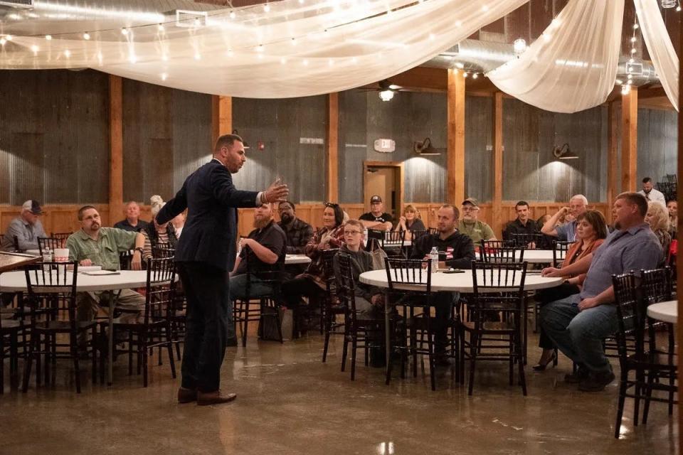 In this May 5 photo, Republican candidate Jackson Lahmeyer, who is running against incumbent James Lankford for U.S. Senate, spoke to nearly 40 Oklahomans in Pryor.