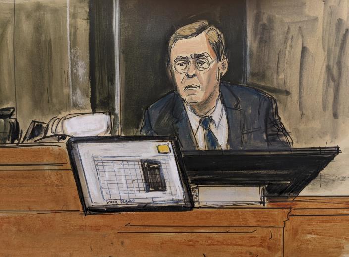 This courtroom sketch shows Jeffrey Epstein's pilot David Rodgers on the witness stand with flight records displayed on screen during Ghislaine Maxwell's sex-abuse trial, Wednesday Dec. 8, 2021, in New York. (AP Photo/Elizabeth Williams)