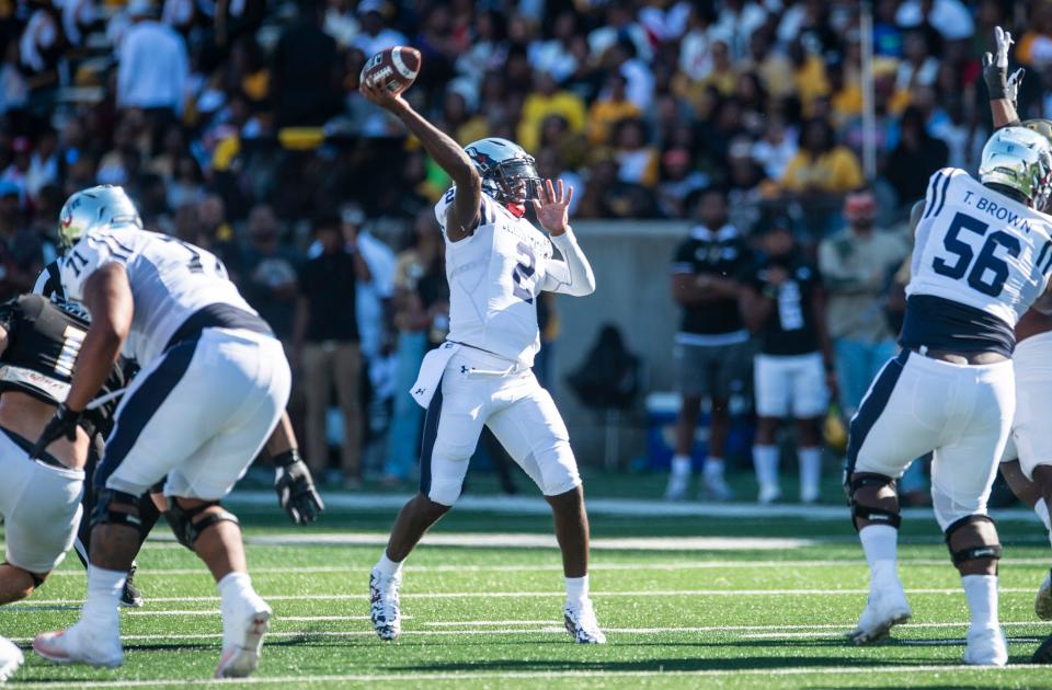 Jackson State quarterback Shedeur Sanders (2) is averaging more than 300 passing yards and three touchdowns per game this fall.