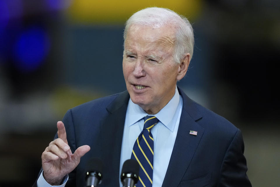 President Joe Biden speaks at the Amtrak Bear Maintenance Facility, Monday, Nov. 6, 2023, in Bear, Del. (AP Photo/Matt Rourke)