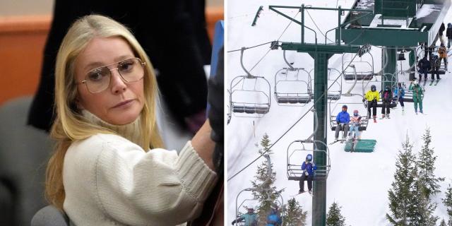A composite image showing Gwyneth Paltrow and skiers on a lift at Deer Valley ski resort.