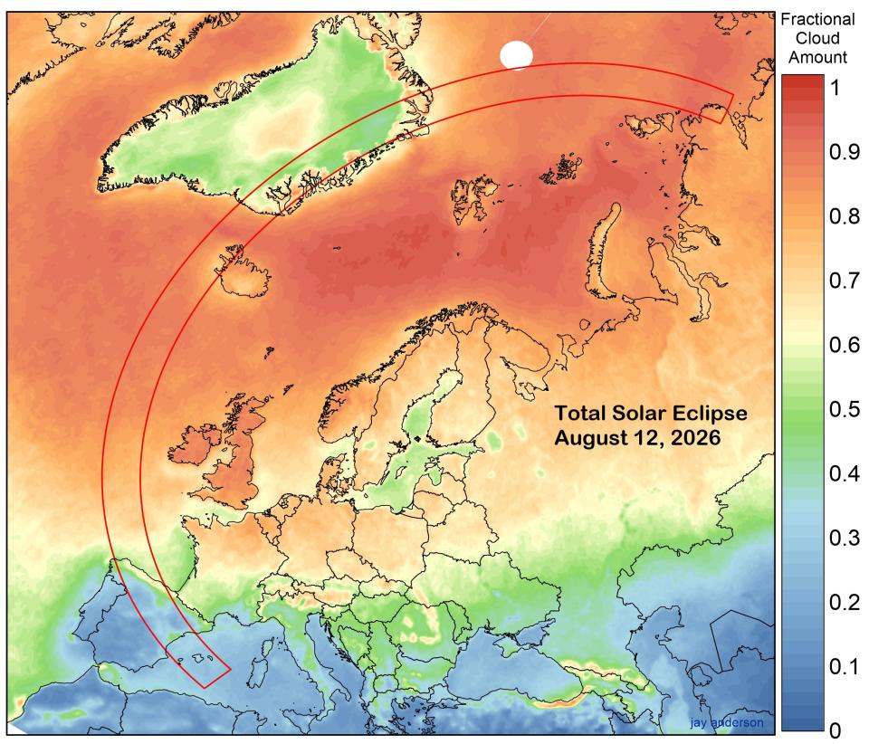 Cloud cover map showing less cloud over the eclipse path over Spain and increasing cloud over Iceland and Greenland